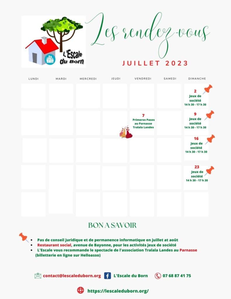 Planning des activités de juillet à l'escale du Born. Alternative textuelle ci-après.