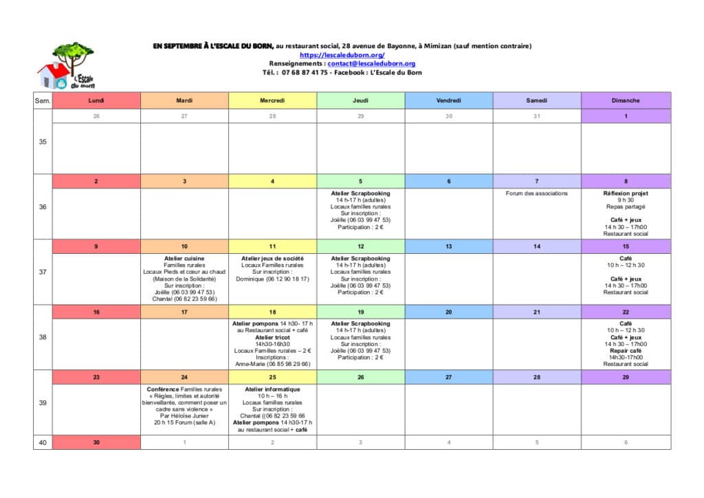 Calendrier des activités de septembre 2024. Contactez-nous pour une alternative textuelle.