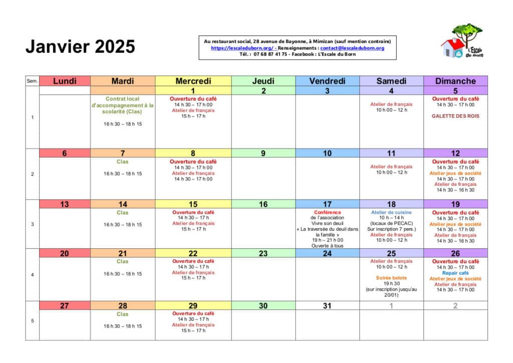 Planning des activités de janvier 2025 au café. Alternative textuelle dans l'article dédié.