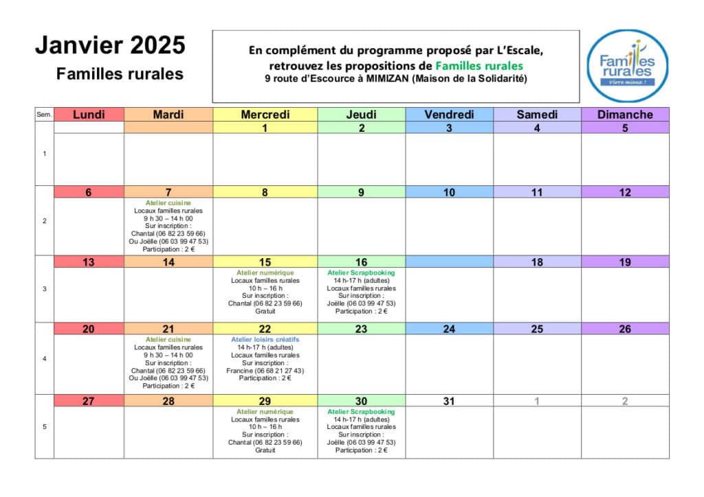 Planning des activités de janvier 2025 dans les locaux de familles rurales. Alternative textuelle dans l'article dédié.