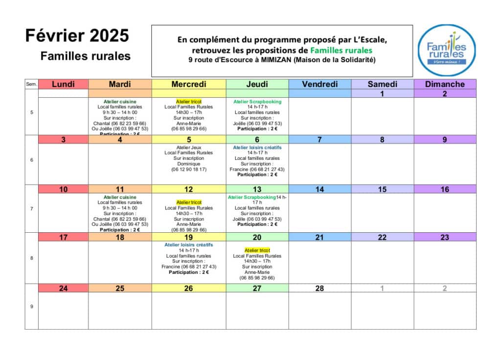 Programme des activités de février 2025 proposées par Familles rurales. Contactez-nous pour l'alternative textuelle