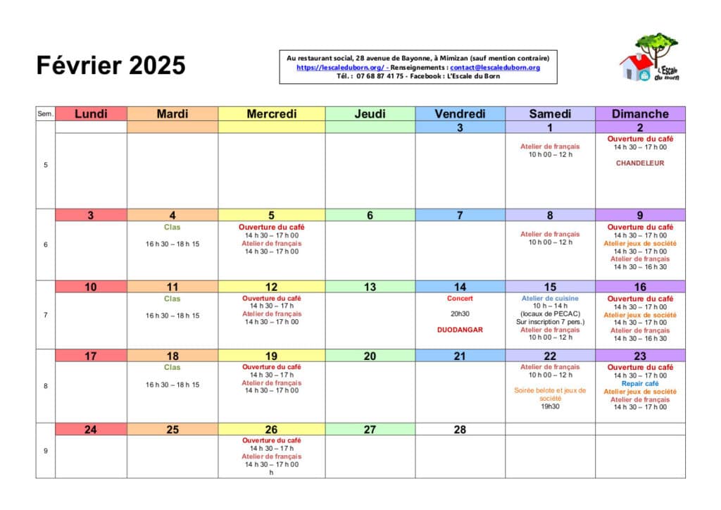 Programme des activités de février 2025 à l'Escale du Born. Alternative textuelle plus bas dans l'article