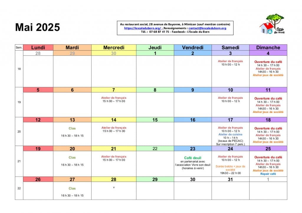 Planning de mai 2025 Ă l'escale du Born. Alternative textuelle plus haut dans l'article