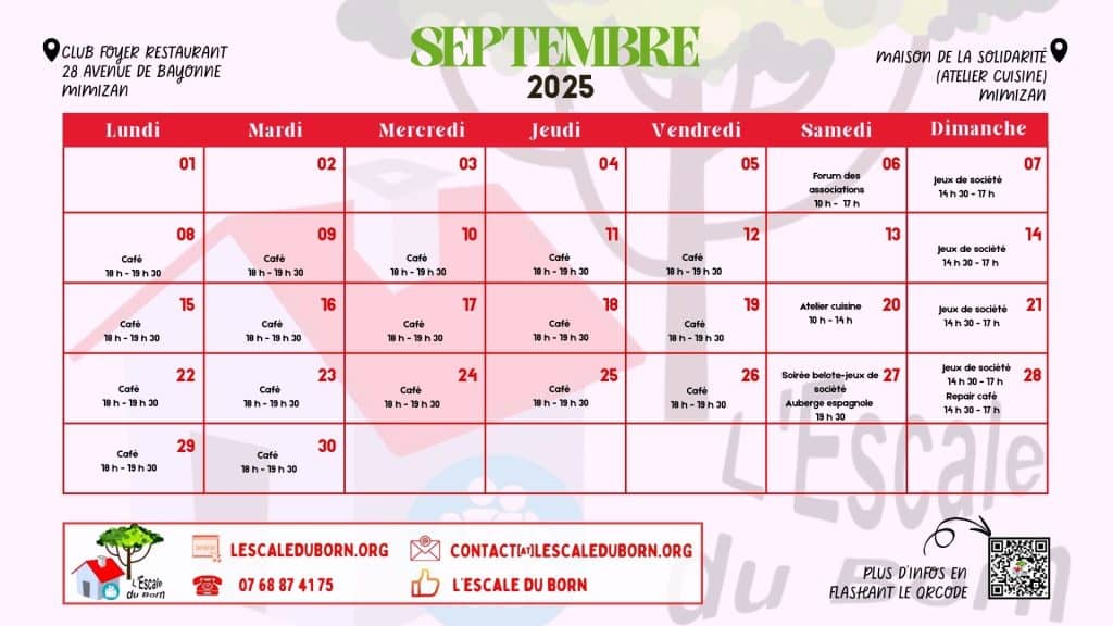 Calendrier L'escale septembre 2025. Texte alternatif ci-dessus.