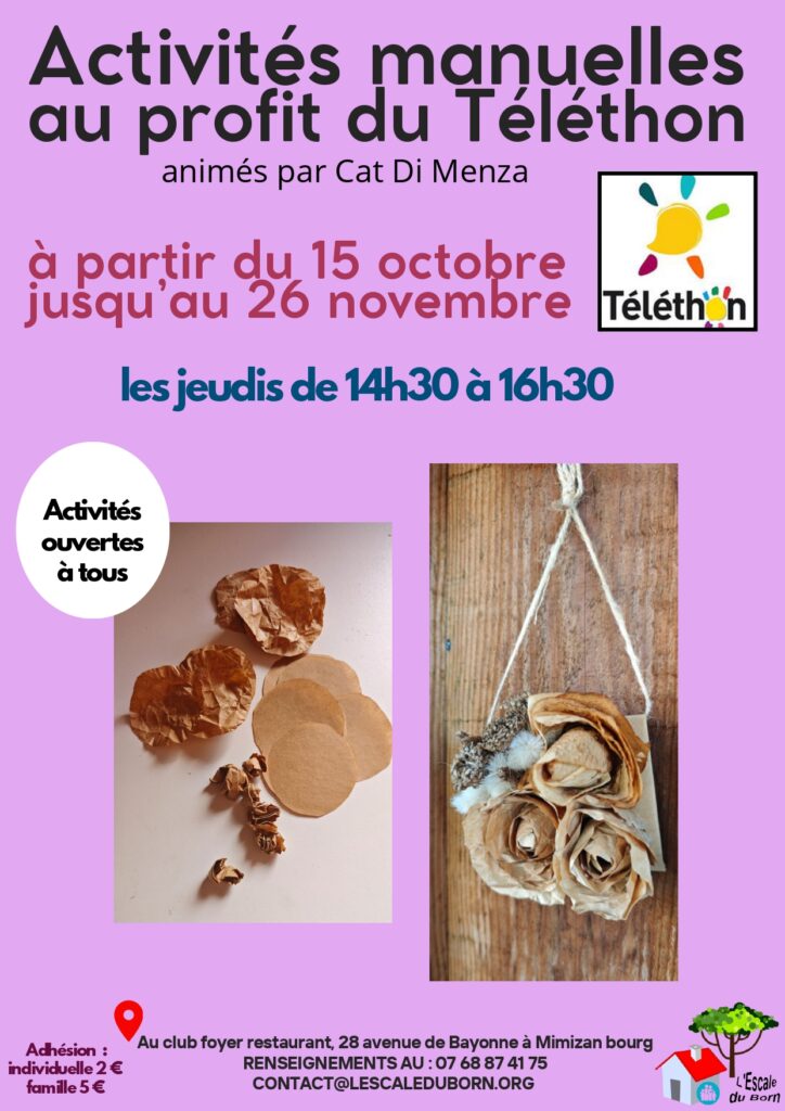 Activité manuelles au profit du téléthon les jeudi du 15 octobre au 26 novembre